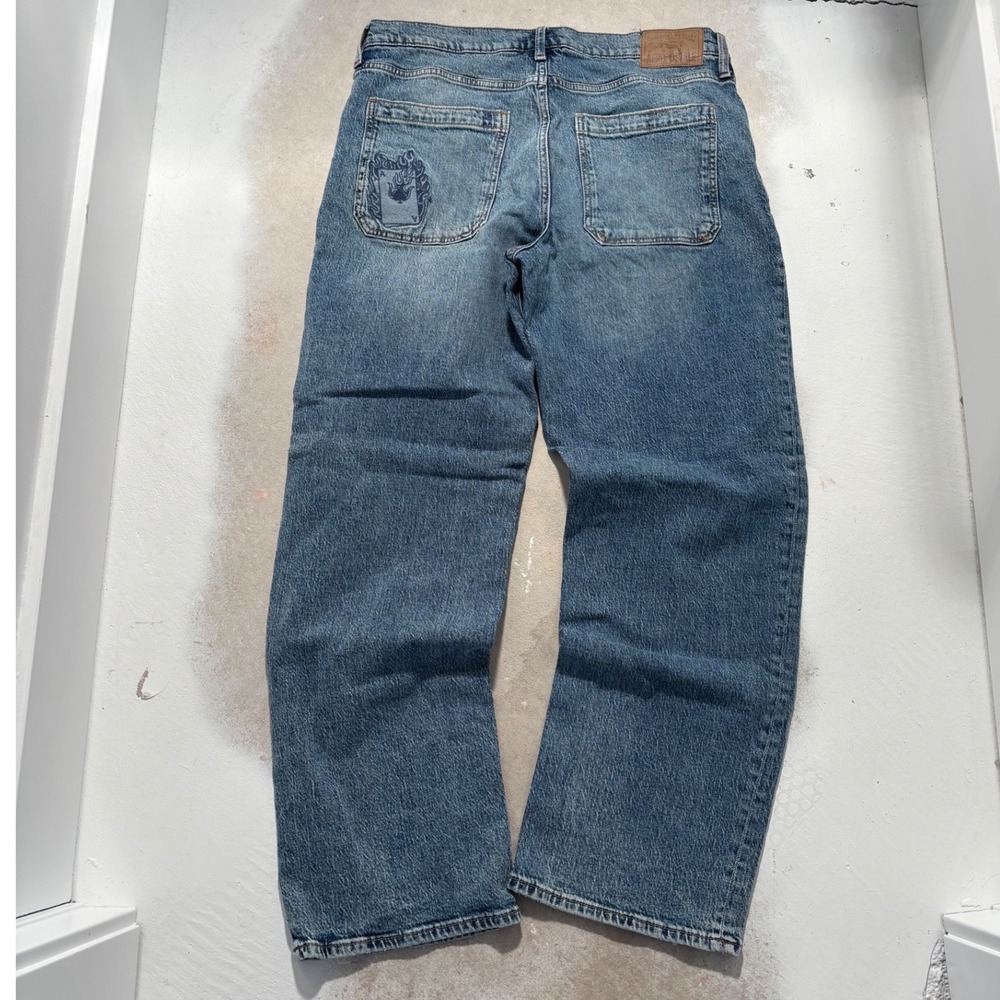 Aeropostale Mens Relaxed Straight Leg Jeans 32x32 Blue Ace of Spades Graphic